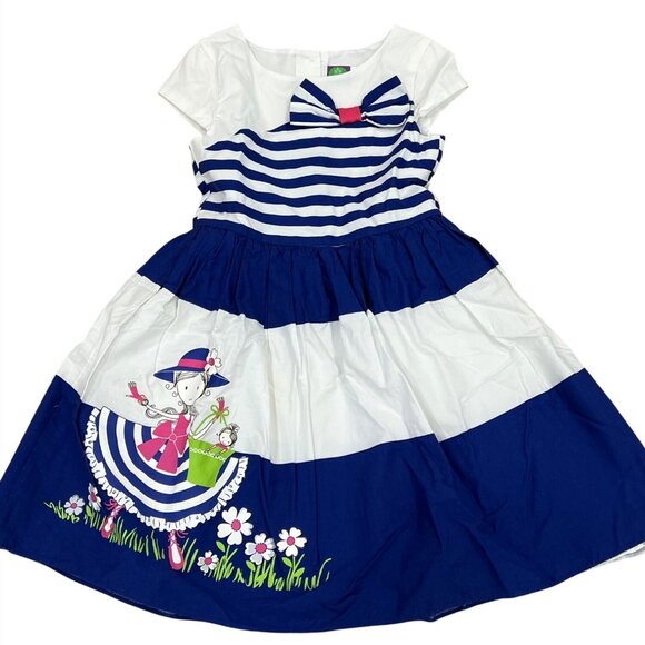 Girl & Doll Matching Navy & White Striped Dresses With Bow & Floral Design - Picture 4 of 4